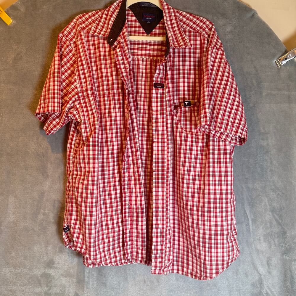 Tommy Jeans Plaid Button Up Shirt XL Red White Check Short Sleeve Cotton